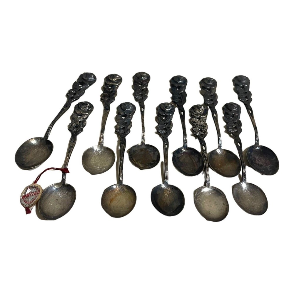 Vintage Antiko 100 Silver Bon-Bon Coffee Spoon Rose Handle 11 Piece Set Germany